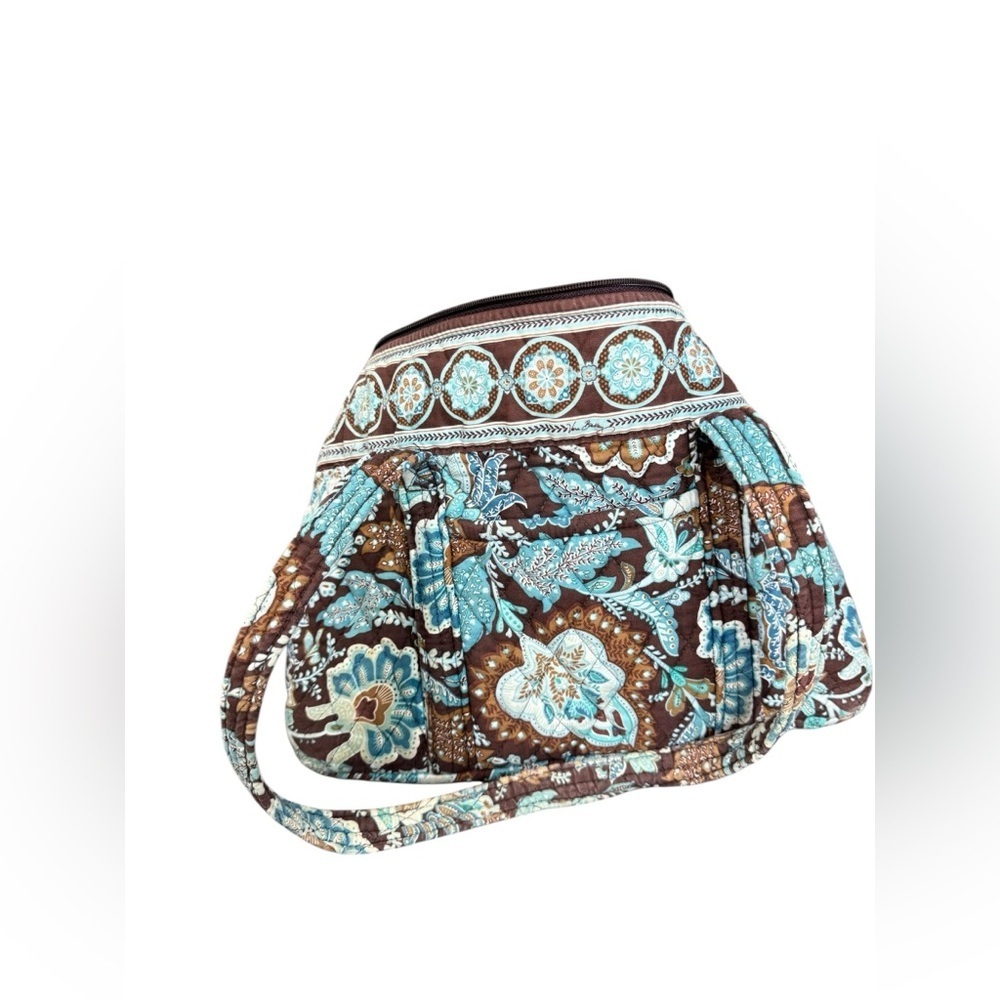 Vera Bradley Quilted Floral Handbag / Brown & Aqua / Mini Satchel - Picture 5 of 7